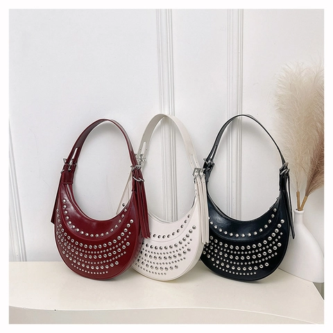Punk Nieten Halbmond Hobo Tasche Für Frauen PU Leder Silber Studded Schultertasche Große Kapazität Unterarmtasche Streetwear