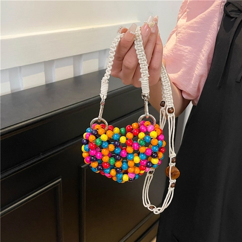 Sweet Heart-Shaped Handmade Beaded Mini Shoulder Bag Mori Style Colorful Bead Woven Crossbody Bag For Women Daily Vacation