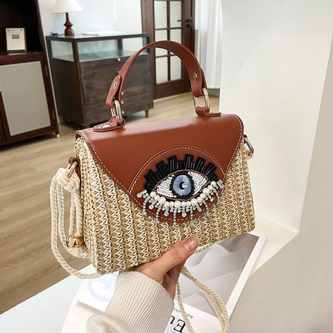 Women Straw Woven Crossbody Bag Evil Eye Beadwork Handbag With Cotton Rope Strap Summer Beach Style