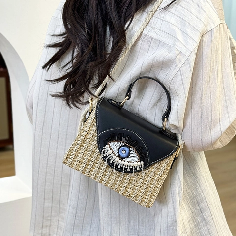 Women Straw Woven Crossbody Bag Evil Eye Beadwork Handbag With Cotton Rope Strap Summer Beach Style