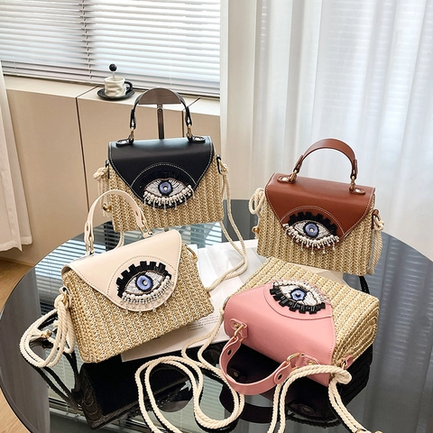 Evil Eye Stroh Gewebte Umhängetasche Kunstleder Klappe Perlen Pailletten Dekor Handtasche Sommer Strand Urlaub Boho Mode