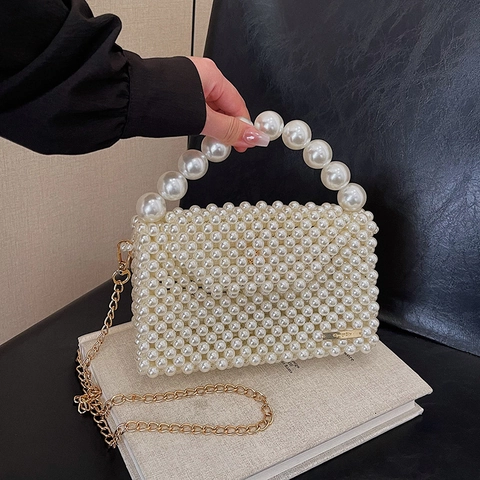 Elegant Handmade Artificial Pearl Beaded Shoulder Bag Woven Evening Handbag With Metal Chain Fashion Accessory For Women