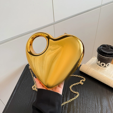 Bolso De Noche De Acrílico Forma De Corazón Cartera De Mano Metálica Espejo Con Asa Redonda Cadena Desmontable Para Fiesta
