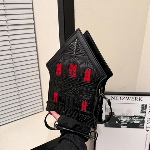 Gothic Church House Shaped Shoulder Bag PU Leather Crossbody Bag With Bamboo Handle Cross Rivet Halloween Dark Style Handbag For Women