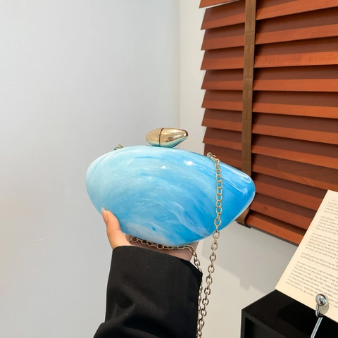 Women Acrylic Marble Texture Evening Clutch Bag Irregular Shape Hard Shell Crossbody Purse With Chain Strap Party