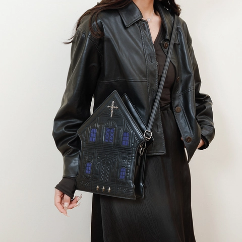 Gothic Church House Shaped Shoulder Bag PU Leather Crossbody Bag With Bamboo Handle Cross Rivet Halloween Dark Style Handbag For Women