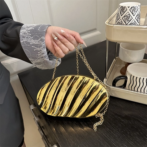Abend Clutch Tasche Metallic Wellenstruktur Muschelform Elegant Crossbody Schulterkette Mode Party Handtasche