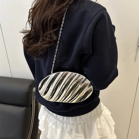 Abend Clutch Tasche Metallic Wellenstruktur Muschelform Elegant Crossbody Schulterkette Mode Party Handtasche