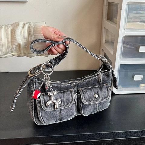 Borsa A Spalla In Denim Donna Retro Y2K Borsa Sottoascellare Con Doppie Tasche Frontali Tracolla Regolabile E Pendente Cane Palloncino