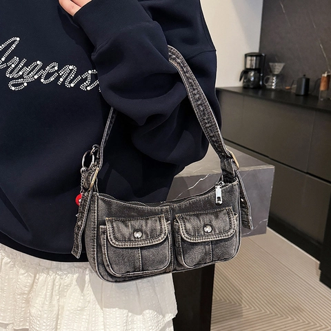 Borsa A Spalla In Denim Donna Retro Y2K Borsa Sottoascellare Con Doppie Tasche Frontali Tracolla Regolabile E Pendente Cane Palloncino