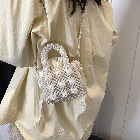 Mini Borsa Di Künstliche Perle Da Donna Borsa A Tracolla In Künstliche Perle Di Imitazione Fatta A Mano Con Pochette In Raso E Fiocco
