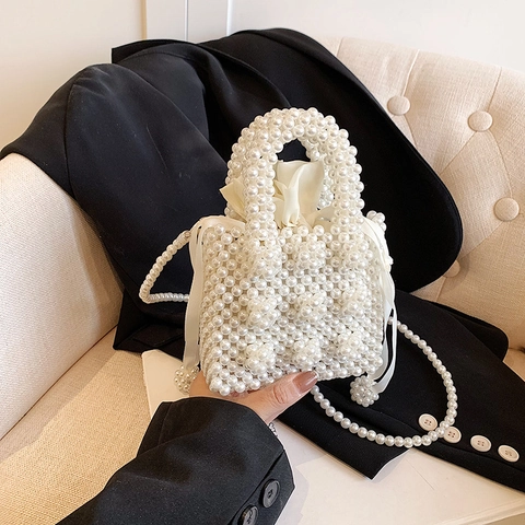Mini Borsa Di Künstliche Perle Da Donna Borsa A Tracolla In Künstliche Perle Di Imitazione Fatta A Mano Con Pochette In Raso E Fiocco