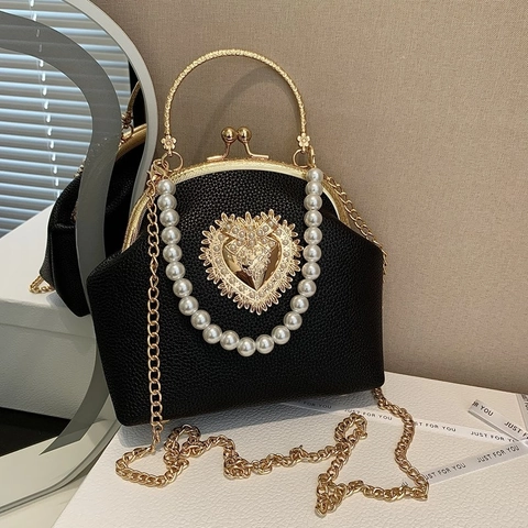 Vintage Crossbody Bag Lychee Pattern PU Leather Heart Pendant Faux Artificial Pearl Handle Shoulder Handbag Elegant Retro Style