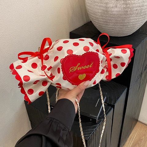 Borsa A Tracolla Forma Caramella Pois Ricamo Cuore Stile Dolce Pelle PU Catena Per Donne