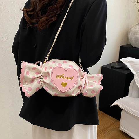Borsa A Tracolla Forma Caramella Pois Ricamo Cuore Stile Dolce Pelle PU Catena Per Donne