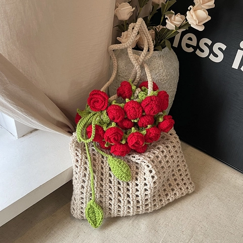 Handmade Crochet Shoulder Bag Knit Hollow Mesh Tote With 3D Rose Flower Decoration Summer Beach Vacation Floral Handbag