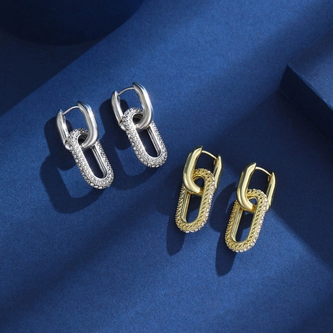 Double Ring Link Hoop Earrings Brass With Zinc Alloy Earring Post Rhinestone Inlaid Geometric Elegant Jewelry For Women