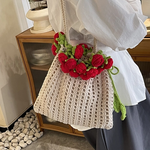 Handmade Crochet Shoulder Bag Knit Hollow Mesh Tote With 3D Rose Flower Decoration Summer Beach Vacation Floral Handbag