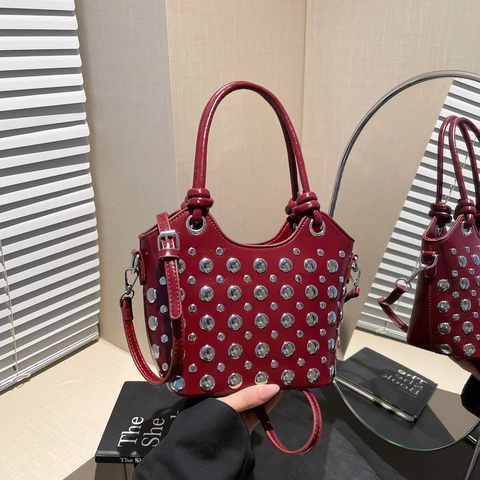 Bucket Bag PU Leather Silver Rivets Handbag Shoulder Crossbody Street Punk Style For Women