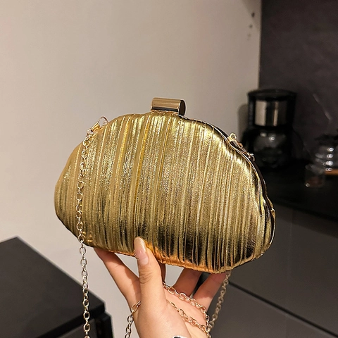 Metallic Pleated Evening Clutch Bag Shell Shaped Purse With Chain Strap For Party Wedding Elegant Women