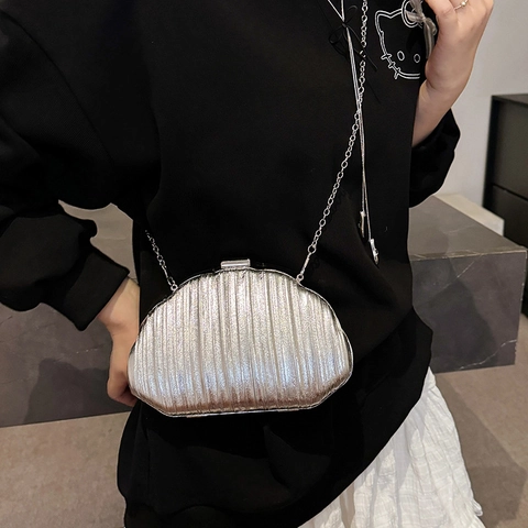 Metallic Pleated Evening Clutch Bag Shell Shaped Purse With Chain Strap For Party Wedding Elegant Women