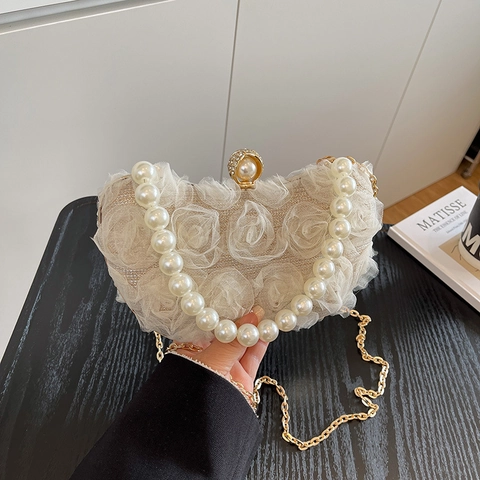 Borsa Da Sera Fiore Rosa 3D Donna Elegante Manico Künstliche Perle Catena Spalla Tracolla Per Matrimonio Festa Ballo Elegante Mesh