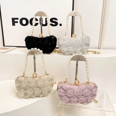 3D Chiffon Rose Flower Evening Bag Elegant Artificial Pearl Handle Clutch For Women Wedding Party Mesh Floral Box Purse With Metal Chain