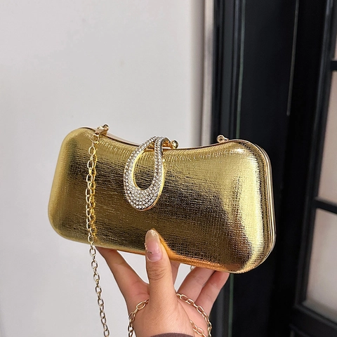 Elegante Metallic Glanzende Avondclutch Met Strass Waterdruppel Gesp Metalen Kettingriem Voor Dames Feest Bruiloft