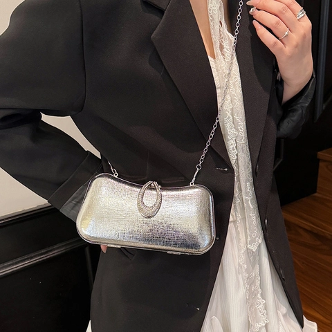 Elegante Metallic Glanzende Avondclutch Met Strass Waterdruppel Gesp Metalen Kettingriem Voor Dames Feest Bruiloft