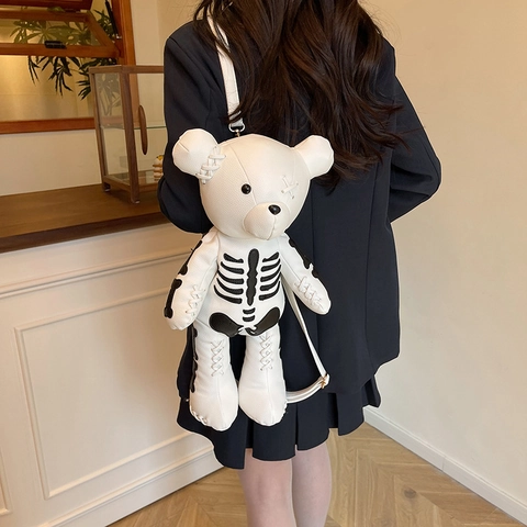 Novelty Bear Shaped Backpack PU Leather Skeleton Bone Print Gothic Punk Dark Cool Fashion Bag For Women Girls