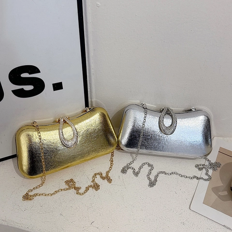 Elegante Abendtasche Für Damen Metallic Strukturierte Kunstleder Mit Strassschnalle Und Metallkettenriemen