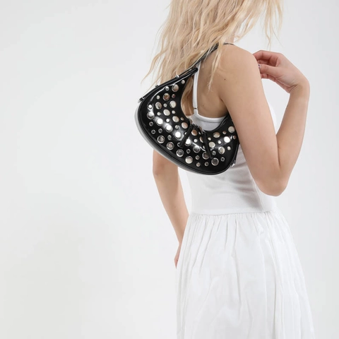 Punk Style Rivet Studded Hobo Bag For Women Crescent Underarm Shoulder Purse Solid Color PU Leather Y2K Fashion