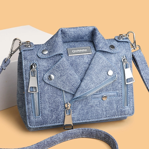 Damen Jeans Umhängetasche Motorradjacken Form Crossbody Tasche Nieten Reißverschluss Punk Style Streetwear Kleine Quadratische Tasche