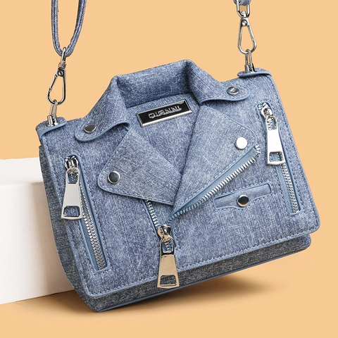 Damen Jeans Umhängetasche Motorradjacken Form Crossbody Tasche Nieten Reißverschluss Punk Style Streetwear Kleine Quadratische Tasche