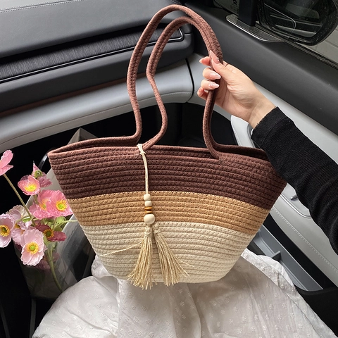 Borsa Tote Intrecciata Contrasto Sfumato Borsa A Spalla Con Nappa Perline In Legno Grande Capacità Estate Spiaggia Donne