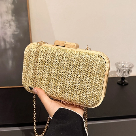 Gewebte Stroh Clutch Tasche Mit Holzrahmen Abnehmbarem Metallkettenriemen Vintage Boho Abendtasche Für Damen