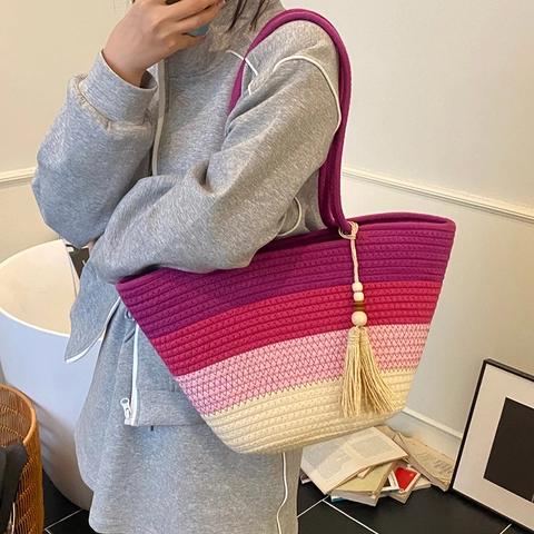 Borsa Tote Intrecciata Contrasto Sfumato Borsa A Spalla Con Nappa Perline In Legno Grande Capacità Estate Spiaggia Donne