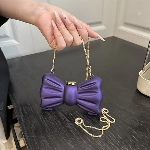 Women Mini Shoulder Bag Acrylic Bowknot Shape Fashion Party Evening Clutch With Gold Chain Strap Matte Handbag