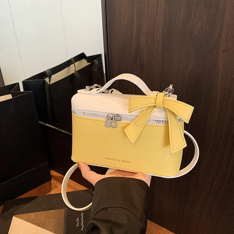 Bolso De Hombro Pequeño Tipo Caja Para Mujer Cuero PU Textura Lichi Bloque De Color Lazo Bolso De Mano Con Correa Desmontable
