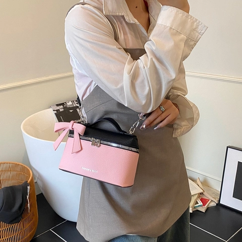 Bolso De Hombro Pequeño Tipo Caja Para Mujer Cuero PU Textura Lichi Bloque De Color Lazo Bolso De Mano Con Correa Desmontable