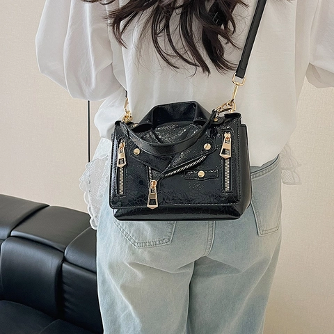Women Crossbody Bag Creative Motorcycle Jacket Shape PU Leather Rivet Zipper Biker Style Handbag Purse