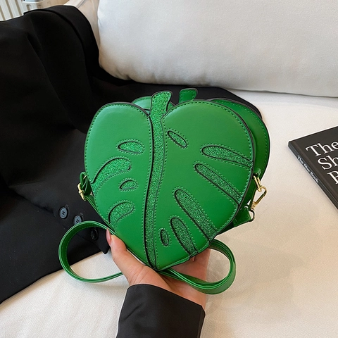 Monstera Leaf Shape Crossbody Bag PU Leather Glitter Decorative Shoulder Purse Creative Tropical Style Fashion For Women