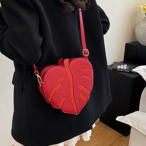 Monstera Leaf Shape Crossbody Bag PU Leather Glitter Decorative Shoulder Purse Creative Tropical Style Fashion For Women