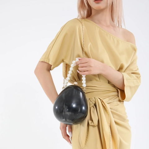 Pochette De Soirée En Acrylique En Forme D'oeuf Poignée En Künstliche Perles Coque Rigide Texture Marbre Sac À Main Chic Pour Femmes
