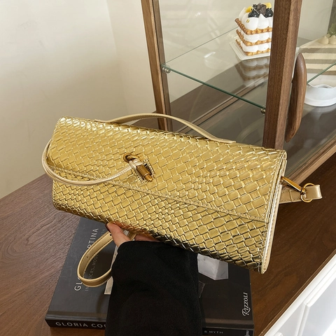 Sac À Épaule Tressé En Cuir PU Sac À Bandoulière Chic Avec Boucle Noeud Doré Style Enveloppe Pour Femmes Élégant