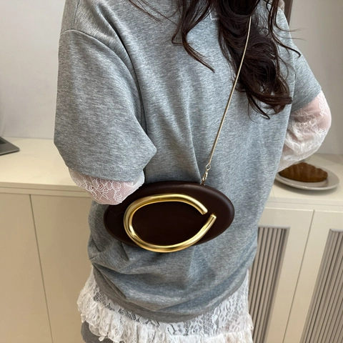 Oval Evening Clutch Bag Faux Leather Gold C-Shaped Metal Handle Chain Strap Retro Elegant Wedding Party Handbag