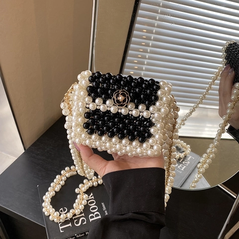 Mini Borsa A Tracolla In Perline Fatta A Mano Perla Artificial Sintetica Fiore Di Camelia Catena Di Metallo Intrecciata Moda Astuccio Per Rossetto Donna