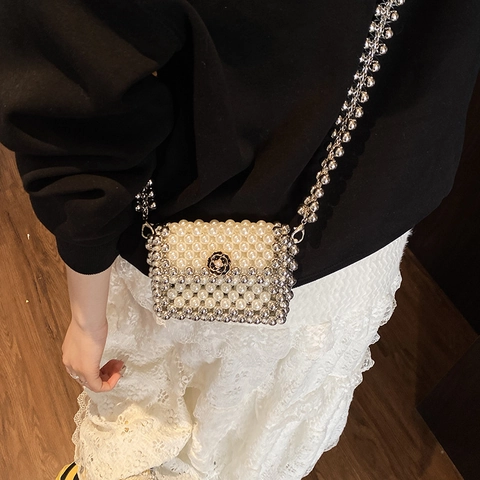 Mini Borsa A Tracolla In Perline Fatta A Mano Perla Artificial Sintetica Fiore Di Camelia Catena Di Metallo Intrecciata Moda Astuccio Per Rossetto Donna