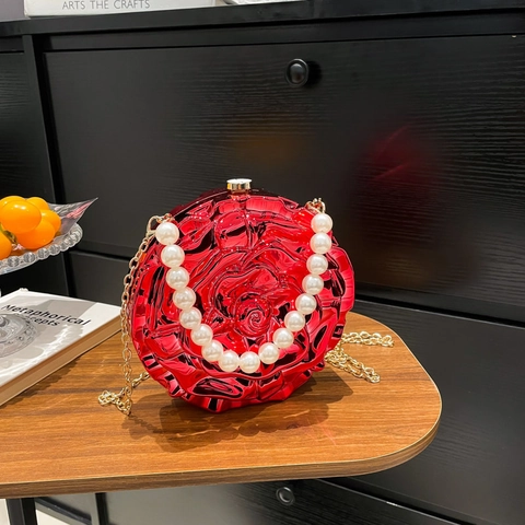 Borsa Da Sera Pochette Fiore Rosa 3D Scatola Acrilica Borsa A Tracolla Con Manico Di Künstliche Perle Per Donna Festa Elegante