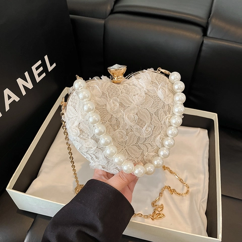 Borsa Da Sera Cuore Elegante Pizzo Floreale 3D Manico Künstliche Perle Catena Metallo Tracolla Scatola Matrimonio